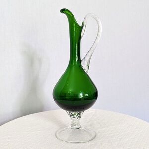 MCM 12” Empoli Rossini ? Hand-Blown Glass Ewer Pitcher in  1960s-1970s Green SEE